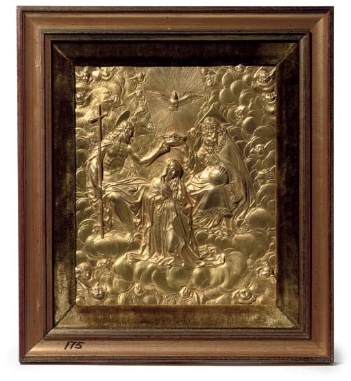A RECTANGULAR GILT-BRONZE RELIEF OF THE CORONATION OF THE VIRGIN