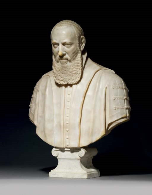 A CARVED MARBLE BUST OF A BEARDED MAN, PROBABLY A MEMBER OF THE JUDICIARY
