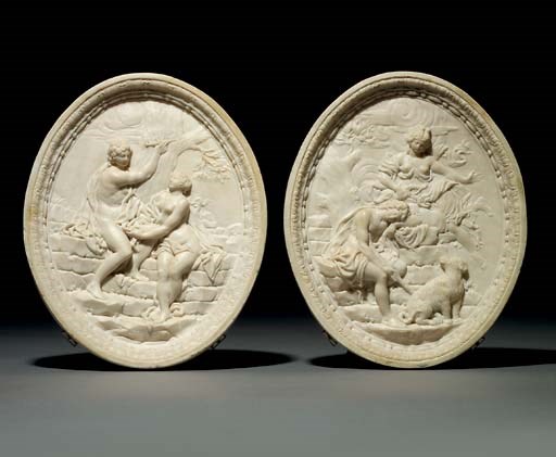 A PAIR OF CARVED MARBLE RELIEFS OF DIANA AND ENDYMION AND ANGELICA AND RUGGIERO