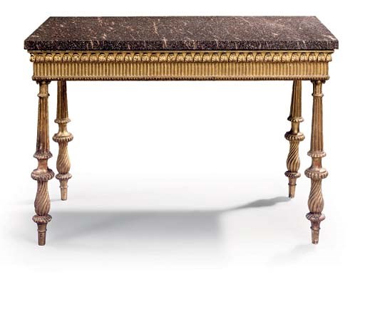 A SWEDISH GILTWOOD CONSOLE TABLE WITH BLYBERG PORPHYRY TOP