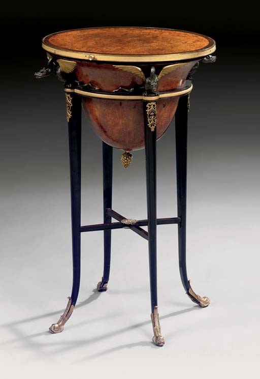 AN AUSTRIAN PATINATED BRONZE AND ORMOLU-MOUNTED BURR-BIRCH, FRUITWOOD AND EBONISED WORK TABLE