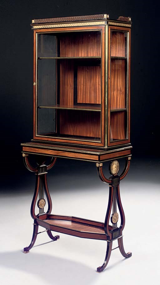 AN AUSTRIAN BRASS AND ORMOLU-MOUNTED, MAHOGANY, AMARANTH AND EBONY DISPLAY CABINET ON STAND
