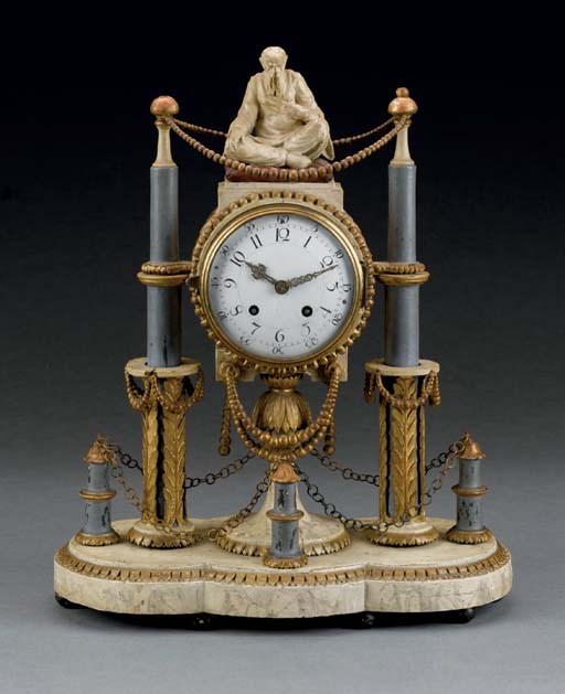 A NORTH ITALIAN POLYCHROME-DECORATED, MARBLEISED AND PARCEL-GILT CHINOISERIE MANTEL CLOCK