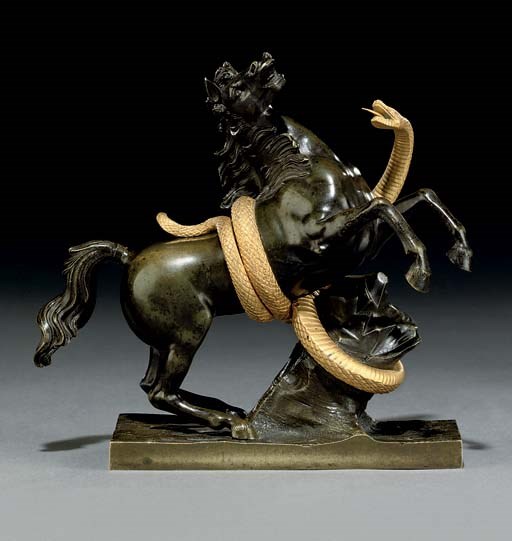 A CHARLES X ORMOLU AND PATINATED BRONZE MODEL OF A STALLION