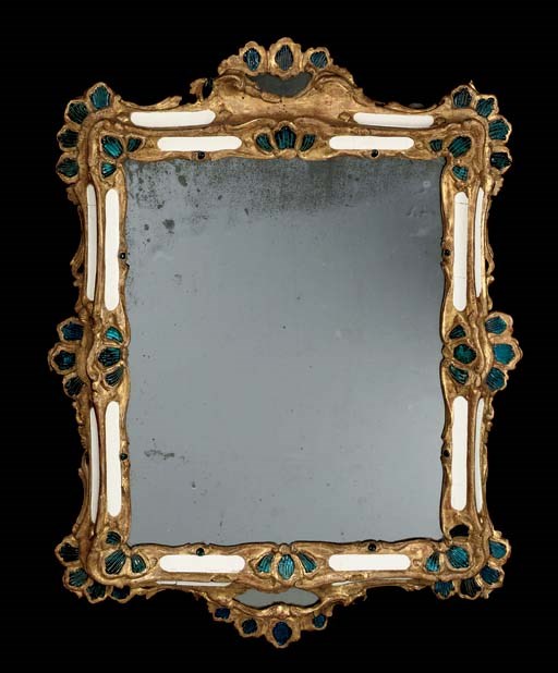 A NORTH ITALIAN WHITE PORCELAIN AND BLUE GLASS INSET GILTWOOD MIRROR