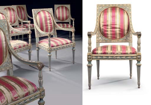 A SET OF SIX NORTH ITALIAN GREY AND BLUE-PAINTED ARMCHAIRS
