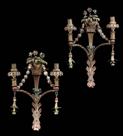 A PAIR OF NORTH ITALIAN POLYCHROME-DECORATED TOLE PEINTE TWIN BRANCH WALL-LIGHTS