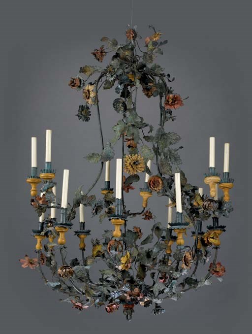 A NORTH ITALIAN GREEN AND POLYCHROME-DECORATED TOLE PEINTE AND PAINTED WOOD FIFTEEN-LIGHT CHANDELIER