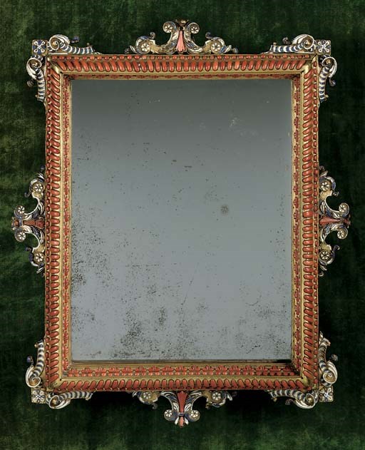 A SOUTH ITALIAN CORAL AND ENAMEL-MOUNTED GILT-BRONZE MIRROR