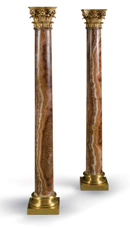 A PAIR OF ITALIAN ORMOLU-MOUNTED ALABASTRO FIORITO COLUMNS