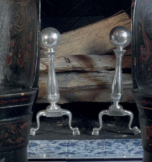 A PAIR OF GEORGIAN AND SILVERED-METAL ANDIRONS