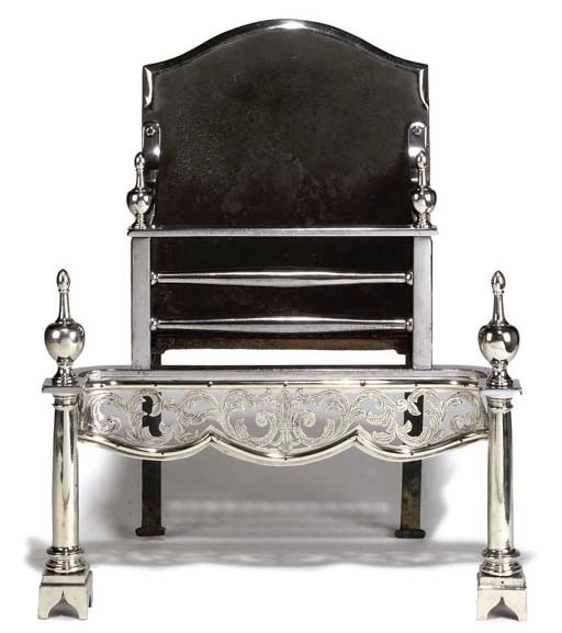 AN ENGLISH POLISHED STEEL AND CAST IRON FIREGRATE