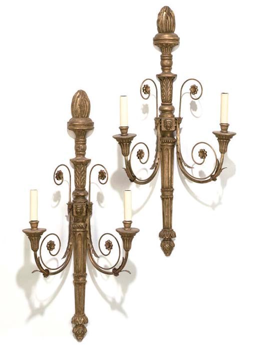 A PAIR OF CARVED GILTWOOD TWIN-LIGHT WALL APPLIQUES