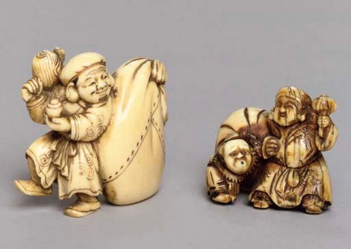 A Japanese ivory netsuke and an okimono of Daikoku, late 19th Century