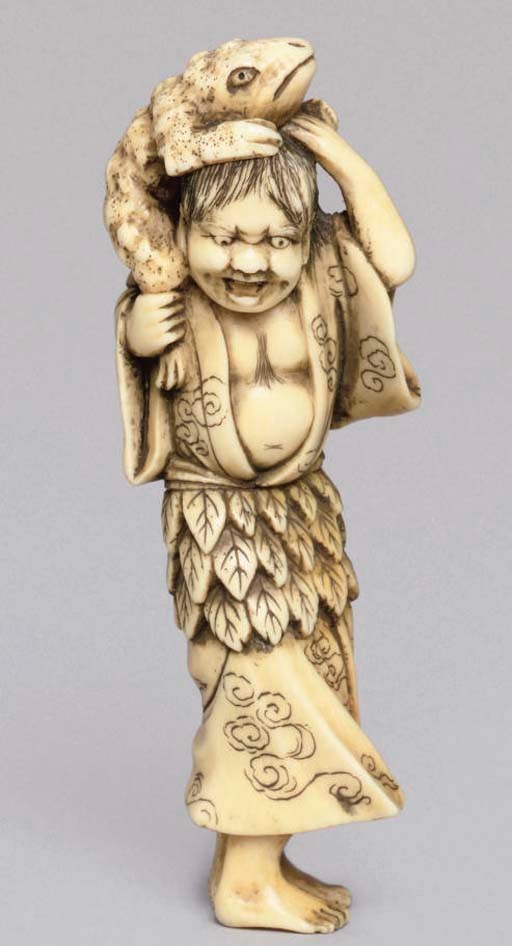A Japanese stagantler okimono of Gama Sennin, late 19th Century