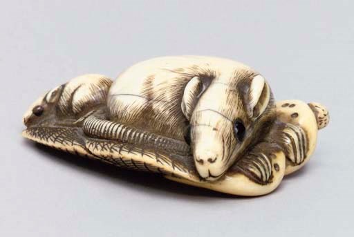 A Japanese ivory netsuke of a mouse and baby, Early 19th Century