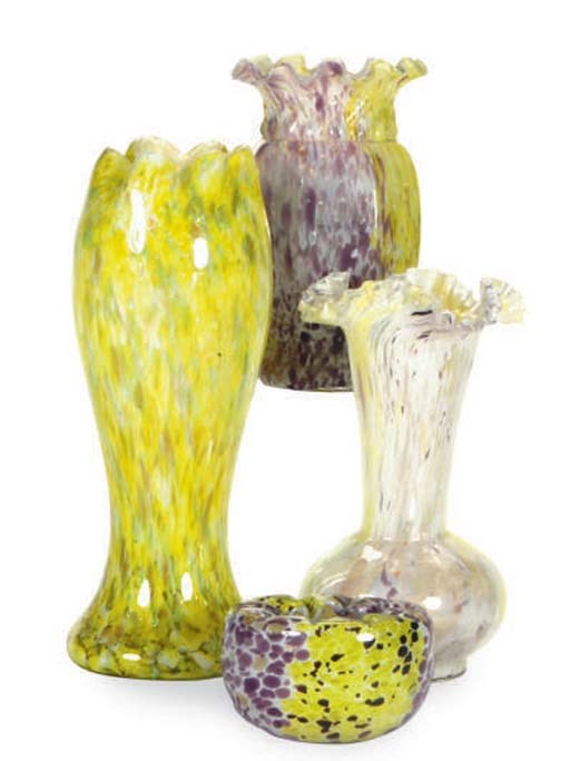 A GROUP OF NINE SPATTER GLASS VASES,