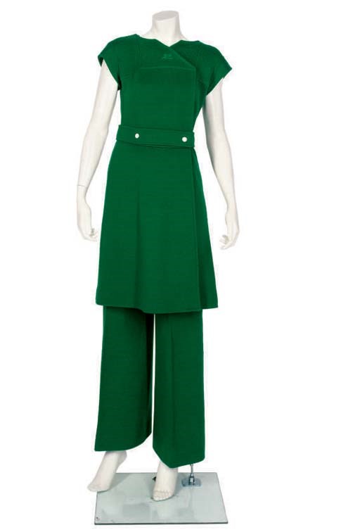ANDREE COURREGES, BOTTLE GREEN WOOL COAT AND SKIRT AND TROUSER SUIT, 1970S