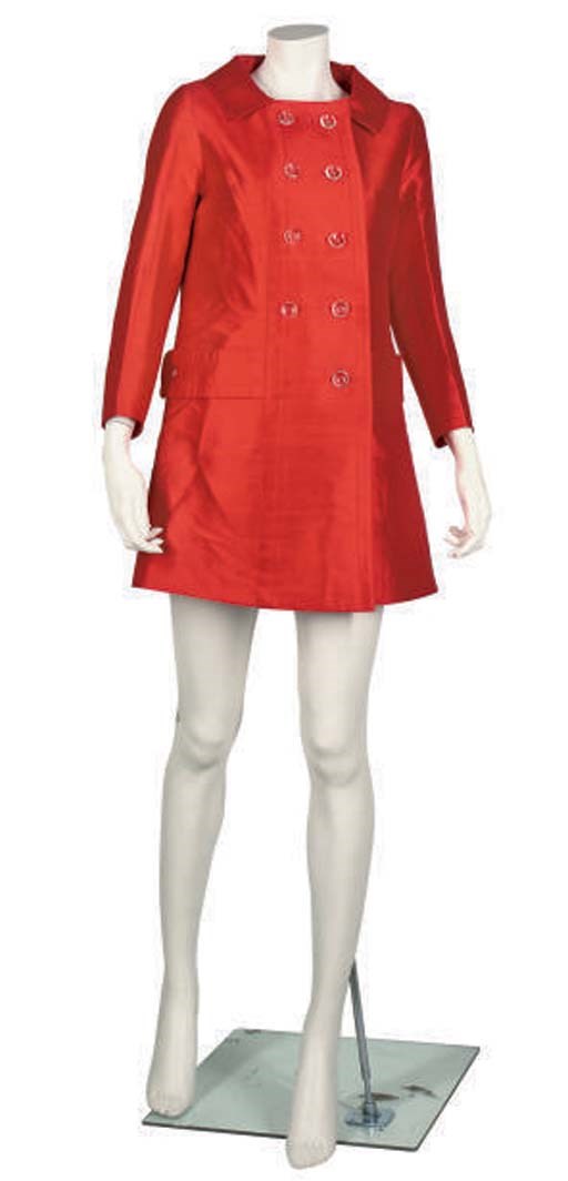 LOUIS FERRAUD RED SILK DRESS AND COAT, 1970S