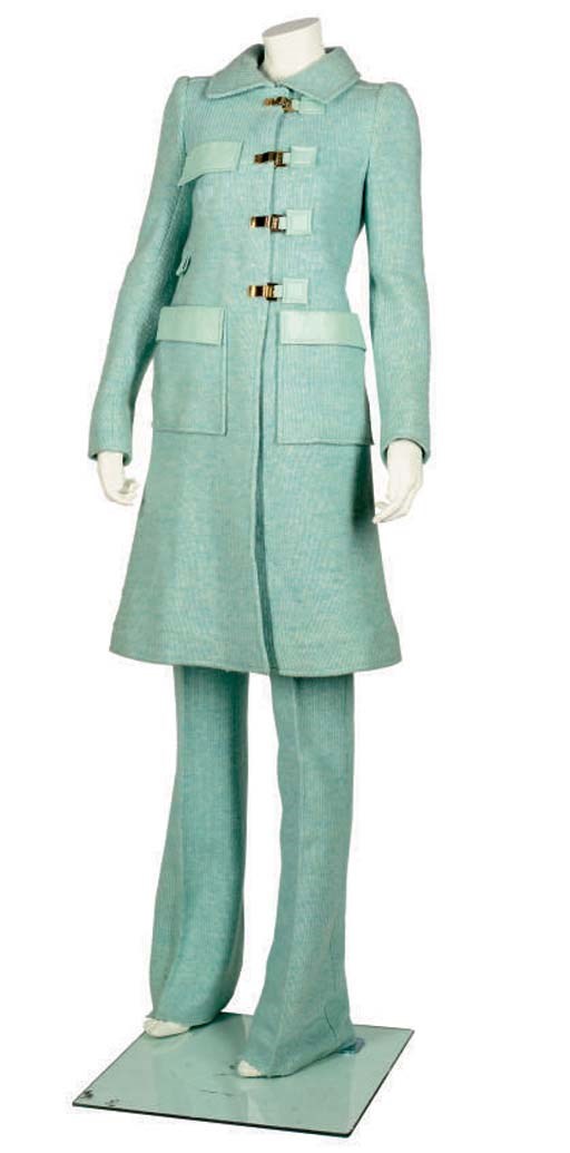 ANDRE COURREGES, A DUCK EGG BLUE KNITTED TROUSER SUIT, 1970s