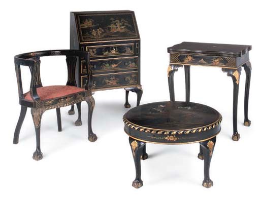 FOUR PIECES OF CHINOISERIE DECORATED BLACK JAPANNED AND PARCEL-GILT FURNITURE