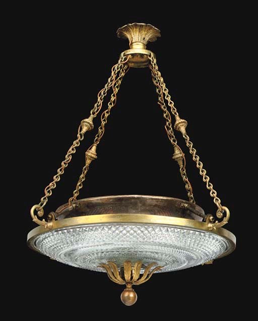 A CUT GLASS AND GILT BRASS DISH LIGHT
