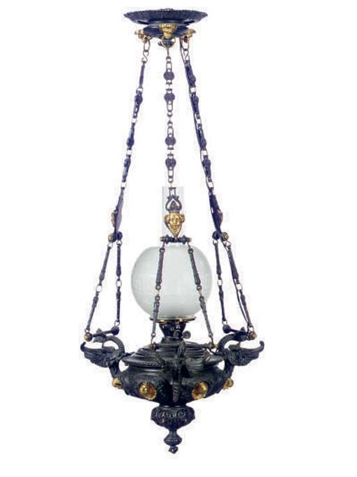 A PARCEL-GILT BRONZE FIGURAL CHANDELIER WITH WINGED GRIFFINS,