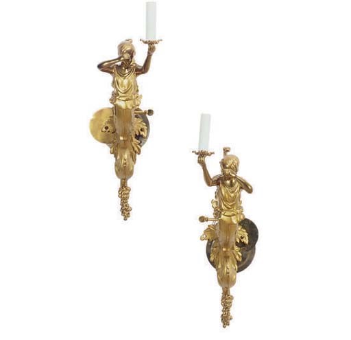 A PAIR OF FRENCH GILT-BRONZE FIGURE SINGLE-LIGHT WALL SCONCES,