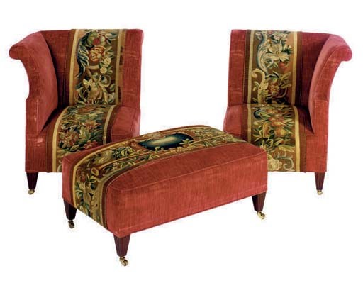 A RED VELVET UPHOLSTERED SALON SUITE WITH FLEMISH TAPESTRY BORDER PANELS,