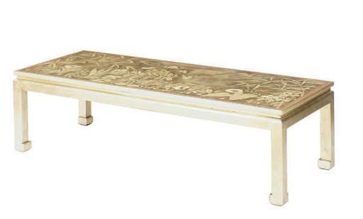 A MODERN SILVERED AND PAINTED LOW TABLE,