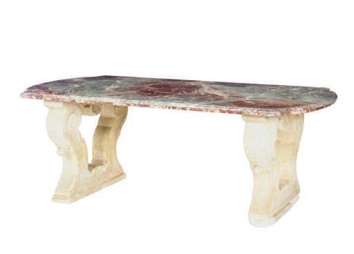 A ROUGE MARBLE TOPPED LIMESTONE TRESTLE TABLE,