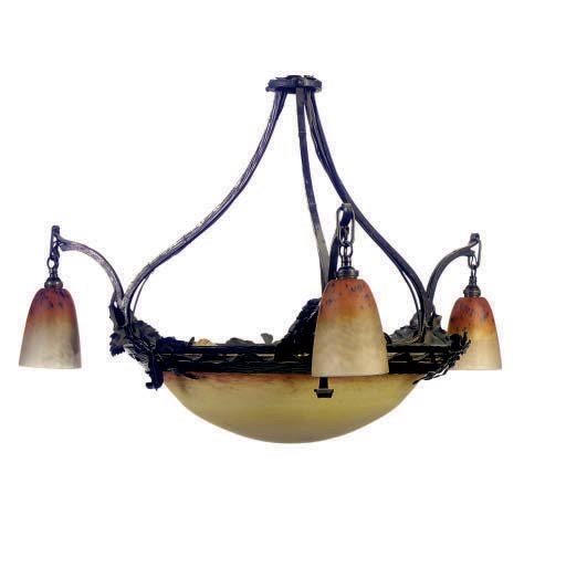 A FRENCH PATINATED IRON, COLOURED AND FROSTED GLASS CHANDELIER,