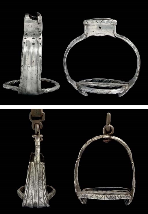 TWO PAIRS OF GERMAN STIRRUPS, IN 16TH CENTURY STYLE