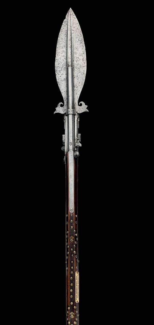 A BOAR SPEAR COMBINED WITH TWO FLINTLOCK PISTOLS, IN FRENCH MID- 17TH CENTURY STYLE