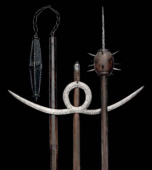 AN AUSTRIAN 'MORGENSTERN', IN 17TH CENTURY STYLE; AND TWO FLAILS