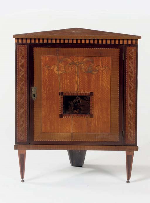 A DUTCH SYCAMORE, SATINWOOD, TULIPWOOD, MARQUETRY, BLACK AND GILT-JAPANNED CORNER CUPBOARD