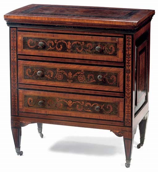 A NORTH ITALIAN WALNUT, ROSEWOOD AND FRUITWOOD MARQUETRY COMMODE