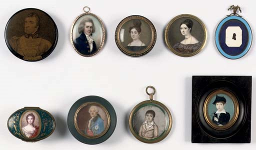 Five various portrait miniatures and four various snuff-boxes