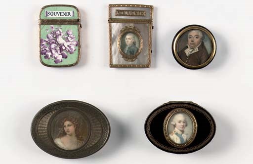 A gilt-metal and enamelled necessaire, a carnet-de-bal with a miniature and three various snuff-boxes
