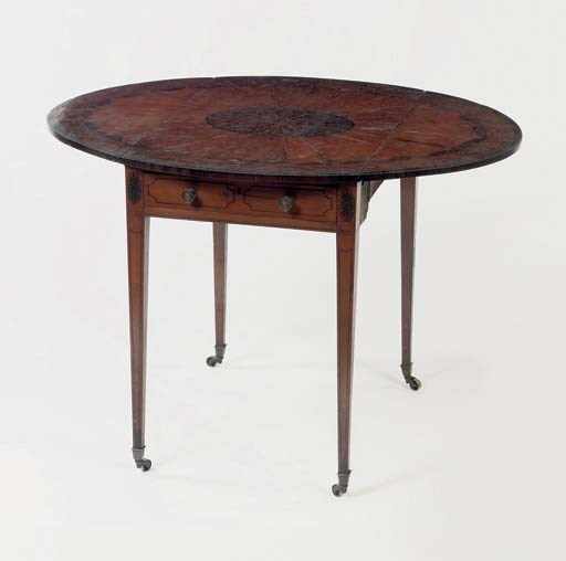 A GEORGE III MAHOGANY, SATINWOOD AND PEN-ENGRAVED PEMBROKE TABLE