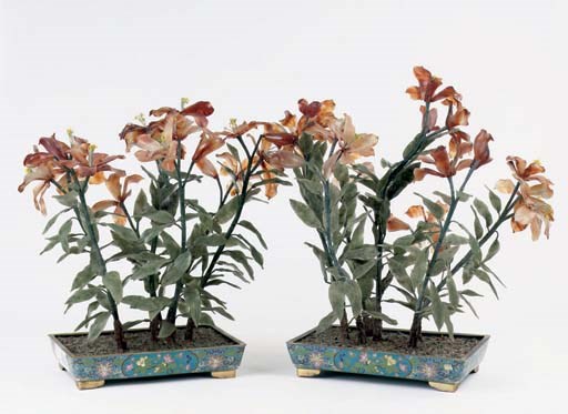 A pair of Chinese cloisonné and harstone jardinières