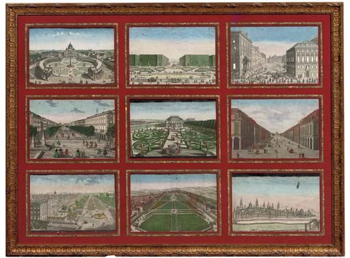NINE HAND COLOURED ENGRAVED CITY-SCAPES FOR A MAGIC LANTERN