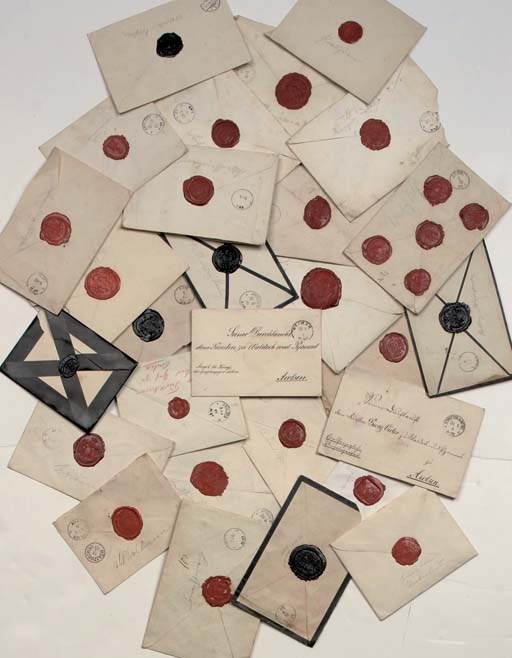 A COLLECTION OF 26 ENVELOPES WITH 32 RED AND BLACK LACQUER SEALS OF GERMAN AND EUROPEAN NOBLE FAMILIES AND INSTITUTIONS