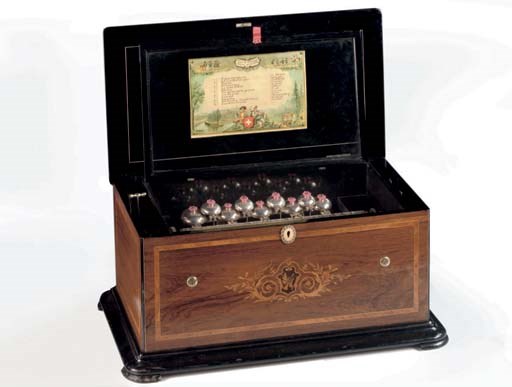 A SWISS ROSEWOOD, EBONIZED AND FRUITWOOD MARQUETRY CYLINDER MUSICAL BOX WITH NINE BELLS