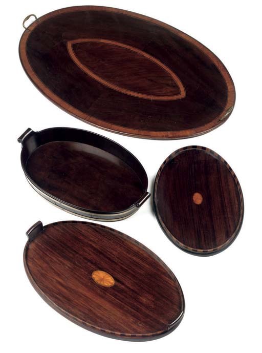 FOUR ENGLISH VARIOUS OVAL MAHOGANY AND FRUITWOOD TRAYS