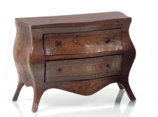 A SOUTH ITALIAN WALNUT AND TULIPWOOD INLAID MINIATURE COMMODE