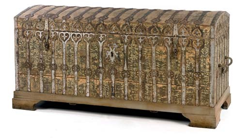 A GERMAN WROUGHT-IRON MOUNTED AND POLYCHROME-PAINTED CHEST