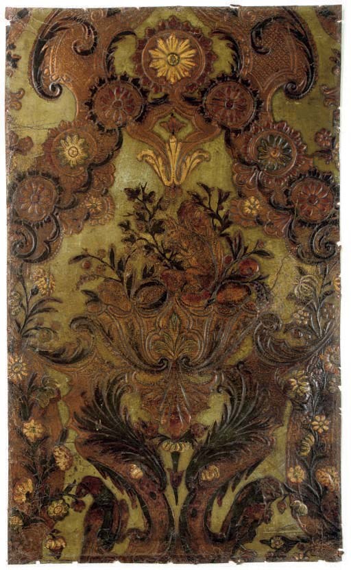Five Dutch gilt-embossed and polychrome-decorated leather panels