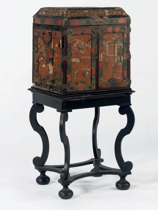 A POLYCHROME DECORATED AND PARCEL-GILT AND SOAPSTONE MOUNTED REVOLVING CABINET-ON-STAND