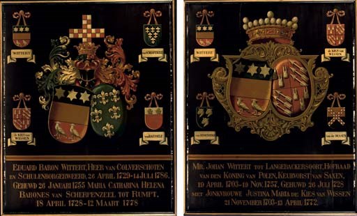 A PAIR OF DUTCH PARCEL-GILT AND POLYCHROME PAINTED ARMORIAL PANELS